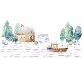 Border of a fisherman's house.Landscape of a forest, boat, net and lake.Watercolor hand drawn illustration.White background. - 489024842