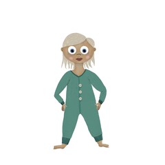 Illustration with baby girl in green pajamas. Girl with blond hair stay. For kids fabric, wallpapers, nursing, greeting. Isolated 