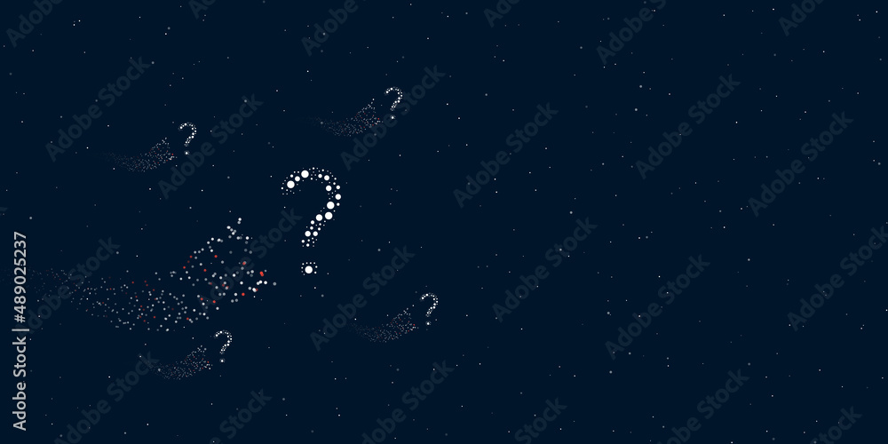Poster A question symbol filled with dots flies through the stars leaving a trail behind. Four small symbols around. Empty space for text on the right. Vector illustration on dark blue background with stars