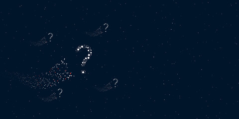 A question symbol filled with dots flies through the stars leaving a trail behind. Four small symbols around. Empty space for text on the right. Vector illustration on dark blue background with stars