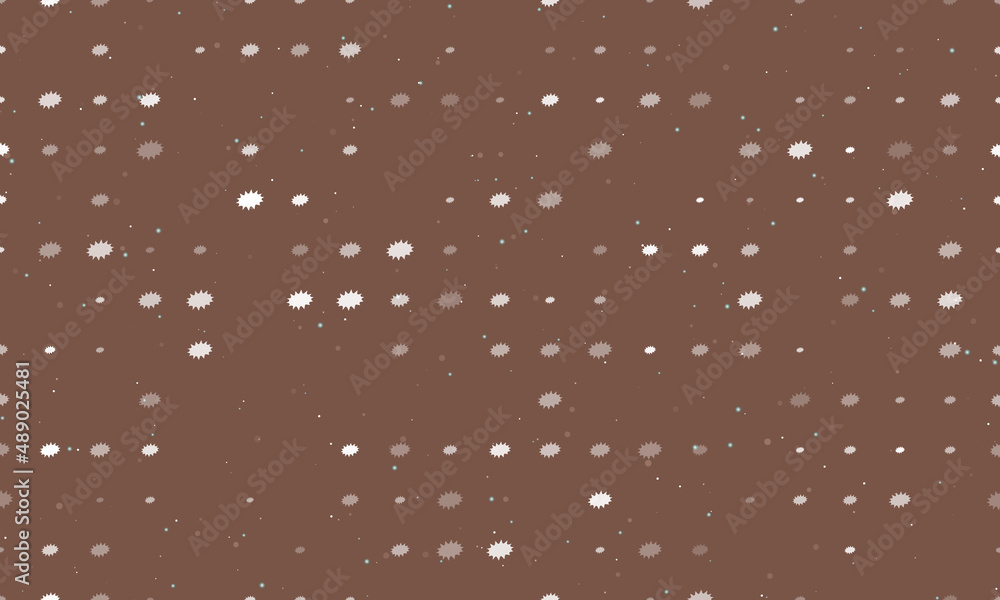 Poster Seamless background pattern of evenly spaced white explosion symbols of different sizes and opacity. Vector illustration on brown background with stars