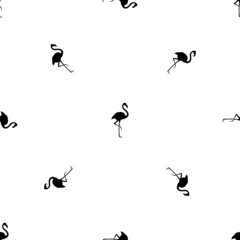 Seamless pattern of repeated black flamingos symbols. Elements are evenly spaced and some are rotated. Vector illustration on white background