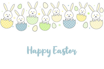 Concept of a greeting card with funny Easter bunnies and eggs. Vector
