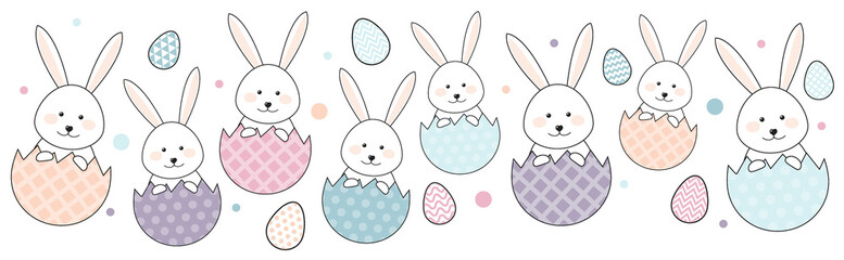 Easter bunnies and decorative eggs. Banner design. Vector