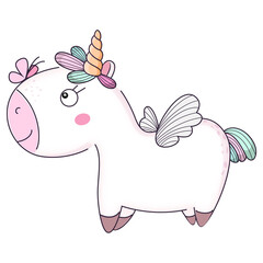 Cute cartoon magic unicorn for kids. Vector illustration.