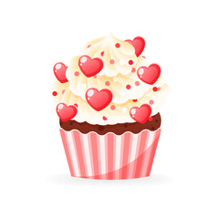 Cute Valentine's day cupcake icon. Cartoon illustration of sweet muffin decorated with a cream and hearts. Vector 10 EPS.