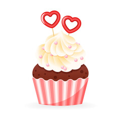 Cute Valentine's day cupcake icon. Cartoon illustration of sweet muffin decorated with a cream and hearts. Vector 10 EPS.