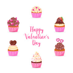 Happy Valentine's day card decorated with cartoon cupcakes. Collection of sweet muffins with a cream, strawberry and hearts. Vector illustration 10 EPS.