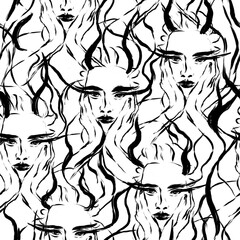 Black and white girl portrait in repeat. Line work. Seamless pattern 