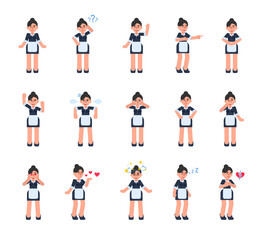 Naklejka premium Set of housemaid characters showing various emotions. Cheerful maid laughing, crying, sad, angry, in love, dazed, tired and other expressions. Modern vector illustration