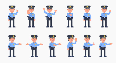 Set of policeman characters showing various hand gestures. Police officer pointing, greeting, showing thumb up, stop sign and other gestures. Modern vector illustration