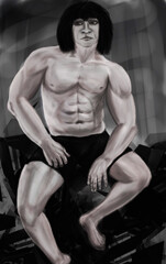 realistic drawing of an athletic man sitting on a rock