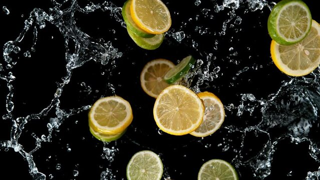 Super slow motion of rotating lime and lemon slices with splashing water. Filmed on high speed cinema camera, 1000 fps. Top shot. Speed ramp effect.