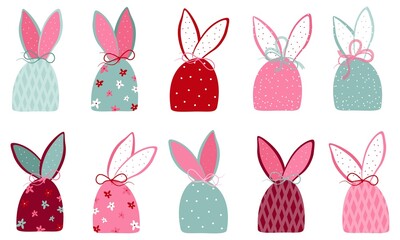 A set of isolated handmade textile Easter bags with different patterns on a white background. Colorful flat vector illustration.