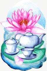 Japanese teapot.Porcelain crockery set watercolor drawing.