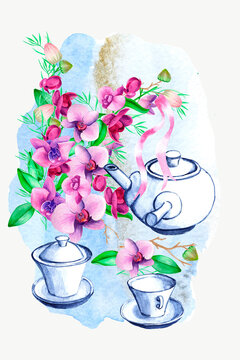 Japanese teapot.Porcelain crockery set watercolor drawing.