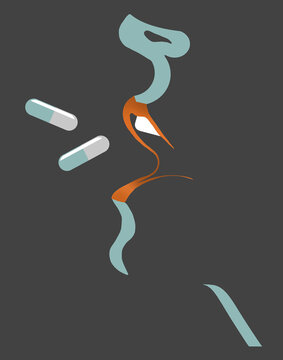 A woman is seen with her mouth open as two pill capsules fly toward her mouth in this 3-d illustration about taking medications or addiction.