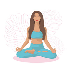 Girl sitting in lotus pose. Yoga flat illustration on white background.