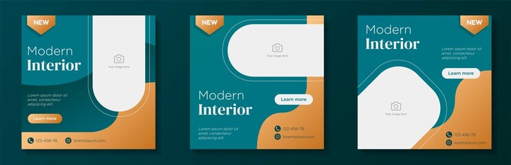 Modern interior social media post, banner set, home furniture store advertisement concept, living room decoration marketing square ad, abstract print, isolated on background