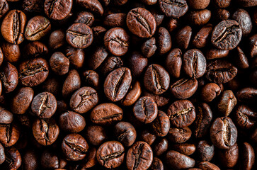 Roasted coffee beans background. Coffee bean background, roast grain
