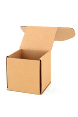 Cardboard box cube shaped container with open lid on white background. Recycled reusable packaging, design element. Copy space.