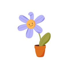 Cute flower growing in pot. Funny happy floral plant with smiling face in flowerpot. Childish bloom with eyes and mouth in planter. Kids flat vector illustration isolated on white background