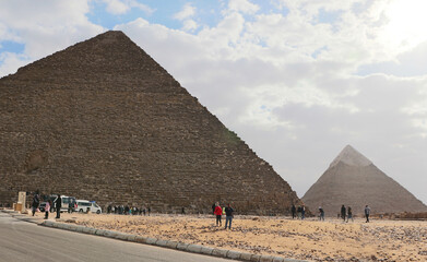Egypt. Giza. Frontal view of two pyramids.