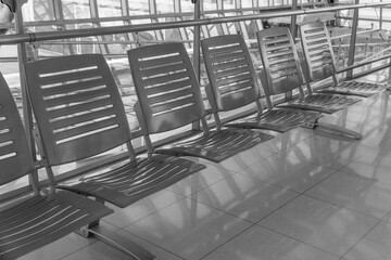 Many steel chairs are monochrome without people or black and white effect