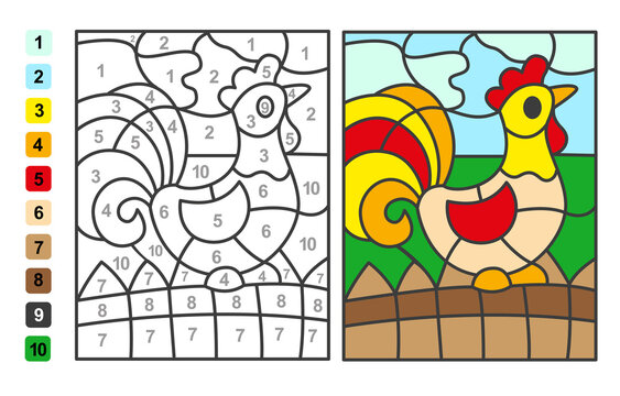 Color By Numbers Rooster Bird. Puzzle Game For Children Education, Colors For Drawing And Learning Mathematics