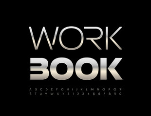 Vector metallic Logo Work Book. Elegant Silver Font. Artistic Alphabet Letters and Numbers set. 