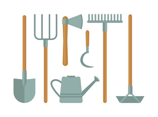 Garden tools set. Shovel, pitchfork, watering can, axe, sickle, rake, hoe.