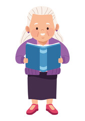 old woman reading book standing