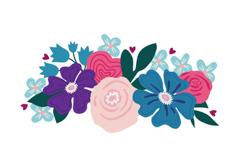Beautiful cute hand drawn flowers and leaves in a bouquet. Roses, forget-me-nots, bluebells, daisies. Vector flat illustration, for Womens Day, birthday, wedding, retro style.
