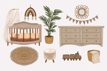 Room for a newborn. Baby room furniture collection isolated on white background, wooden chest of drawers, indoor plant, baby bed with canopy. Cozy interior in boho style. hand drawn illustration 