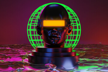 metaverse vr simulation gaming cyberpunk style, digital robot, 3d illustration rendering, virtual reality