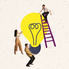 Contemporary art collage. Employees holding big lightbulb symbolizing creation of idea