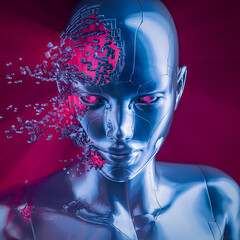 Female artificial intelligence shatter - 3D illustration of beautiful science fiction chrome robot girl coming apart