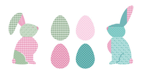 Happy Easter SET with spring vector illustration bunny or rabbit and eggs in pastel tartan pattern flat design, POP ART style.