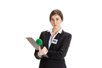 Young beautiful girl, female journalist holding reporter microphone isolated on white studio...