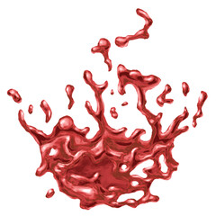 Blood spatter, realistic texture isolated on white background. Red blot with splashes, spilled paint. Illustration