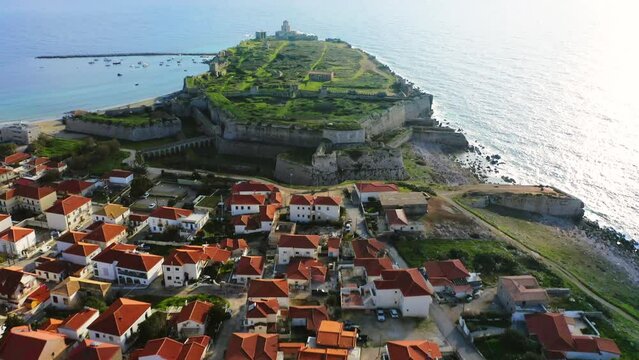 Drone view of Methoni village and castle