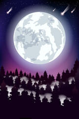 Vector illustration. Forest in the fog. Night. Moon.