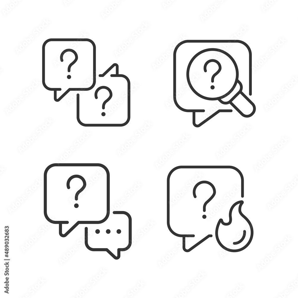 Poster question marks and speech bubbles linear icons set. answers and information storage. dialogue buildi