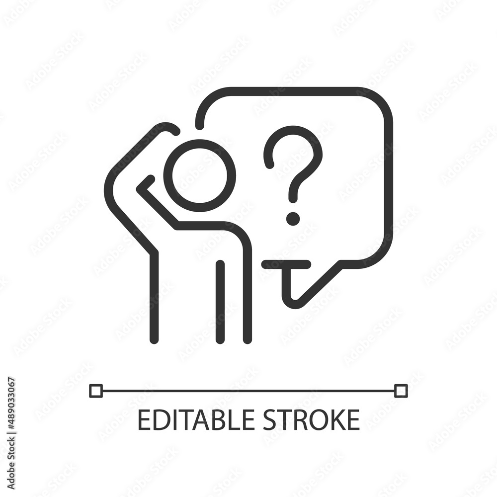 Poster bewildered person linear icon. looking for answer on question. searching information source. thin li