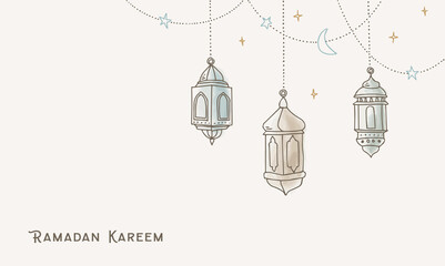 Garlands with hanging colorful arab lanterns, stars and lights. Greeting card, invitation for muslim holiday Ramadan Kareem. Party decoration. Hand drawn ector illustration background. Watercolor art.