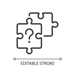 Unsolved puzzle linear icon. Jigsaw pieces and question mark. Difficult task solution. Thin line illustration. Contour symbol. Vector outline drawing. Editable stroke. Arial font used