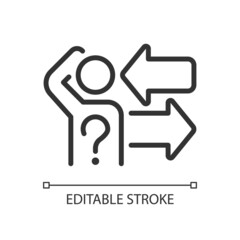 Difficult choice linear icon. Thinking person, question mark and arrows. Problem solving. Thin line illustration. Contour symbol. Vector outline drawing. Editable stroke. Arial font used
