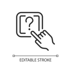 Question button linear icon. Request to technical support. Looking of problem solving. Thin line illustration. Contour symbol. Vector outline drawing. Editable stroke. Arial font used