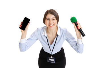 Happy young girl, female journalist holding reporter microphone isolated on white studio...