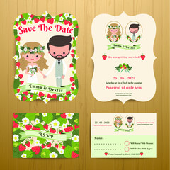 Strawberry theme wedding couple bride & groom, bohemian summer style, save the date card